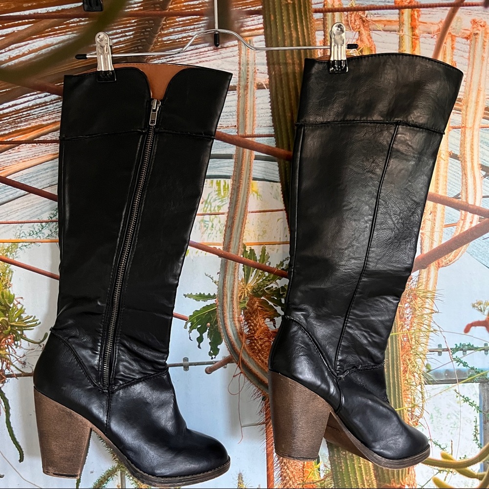 LONDON REBEL Tall Black Zip Up Vegan Leather Boots